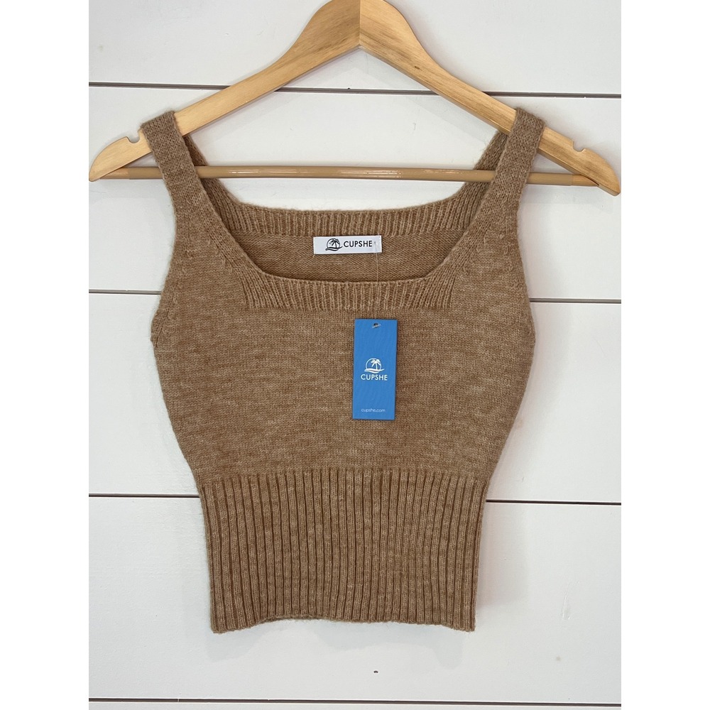 NWT Women Camel Brown Knit Crop Tank Top Square Neck XS